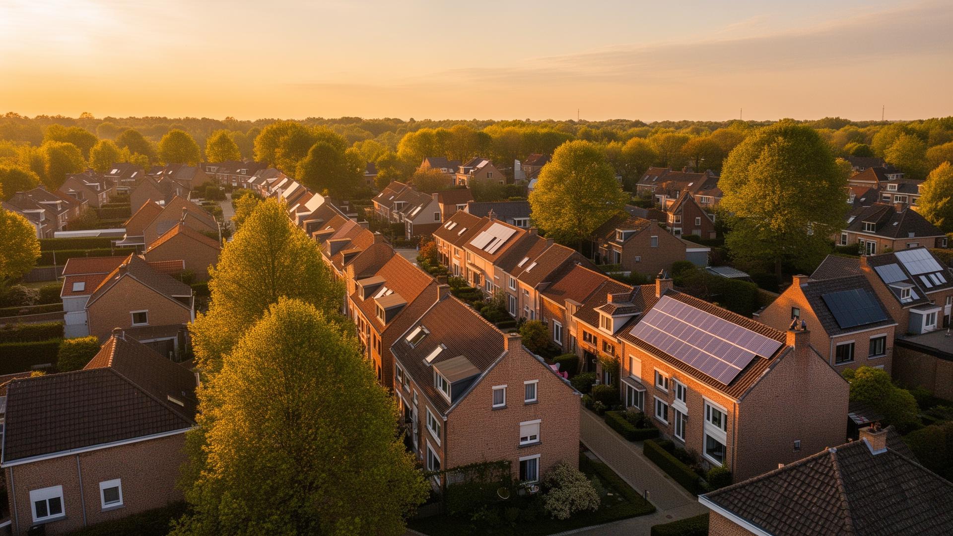 Vue aérienne d'un quartier résidentiel belge en lumière dorée
