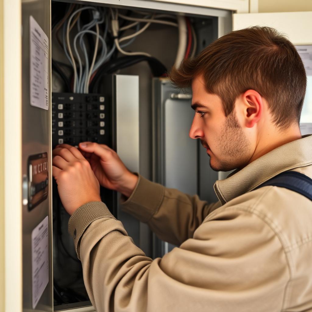 Électricien travaillant dans le tableau électrique