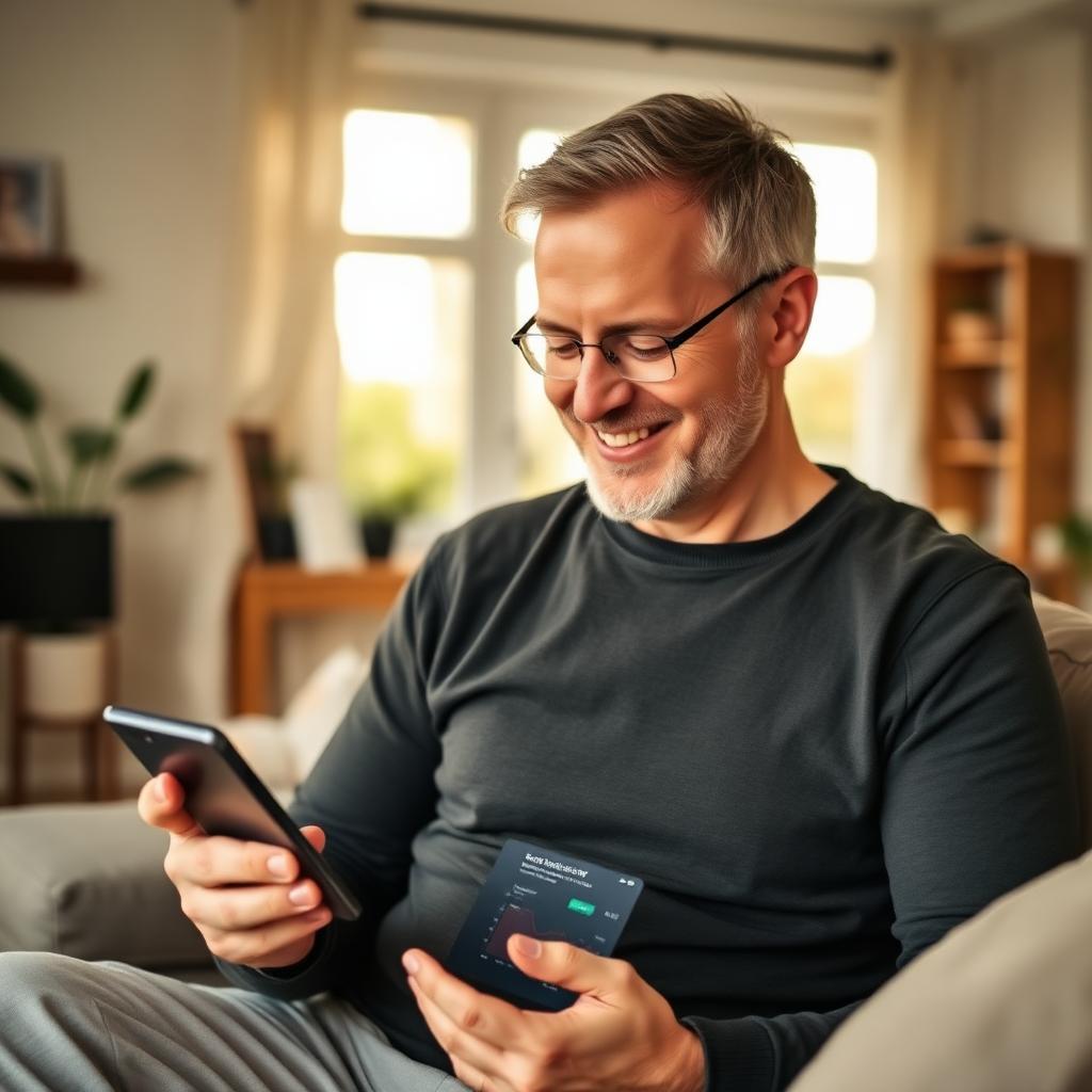 Propriétaire souriant en regardant l'application sur son téléphone