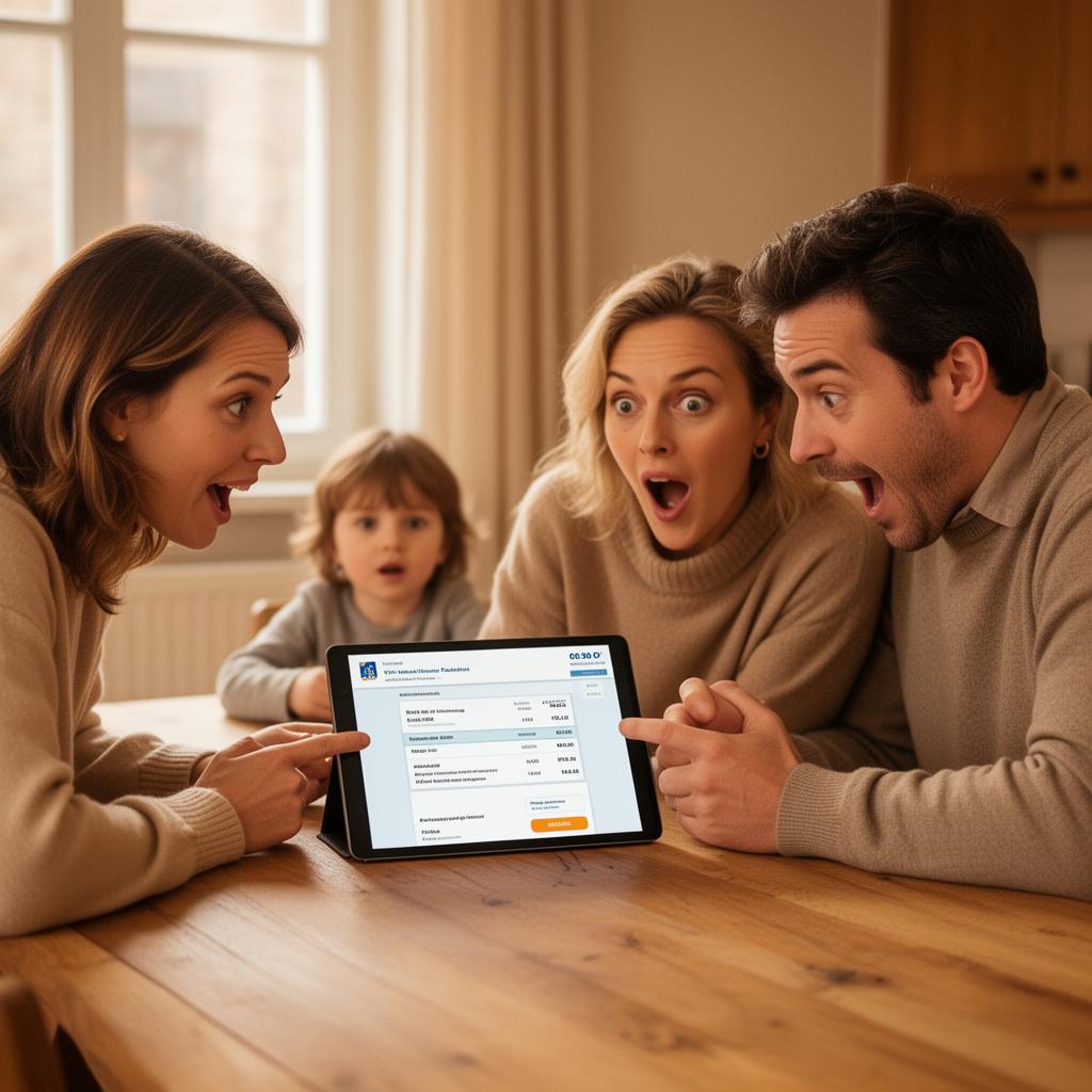 Une famille belge regarde sa facture sur une tablette, expressions positives