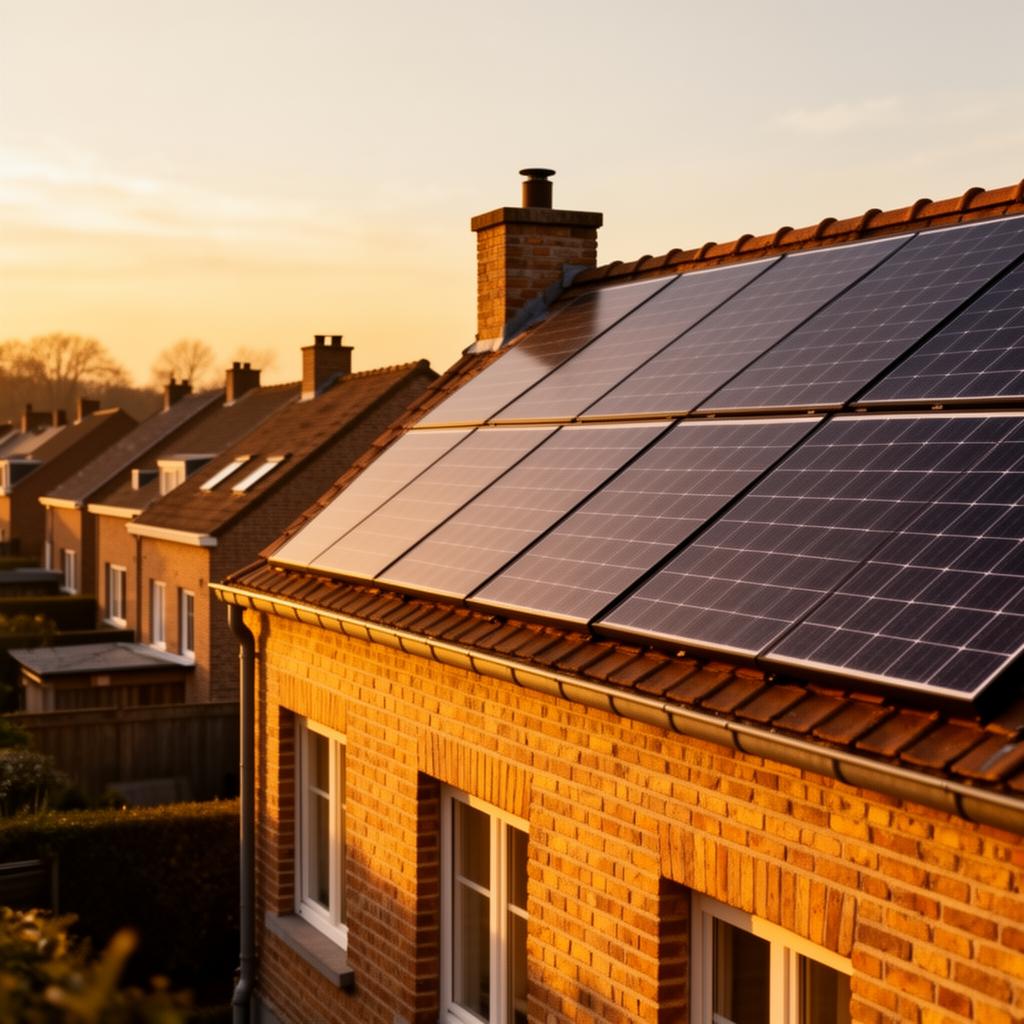 Panneaux solaires sur un toit belge en lumière dorée d'après-midi